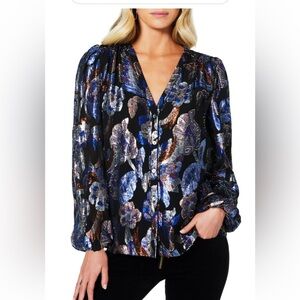 Ramy Brook "Trey" Metallic Floral Silk Blend Blouse, Size XS